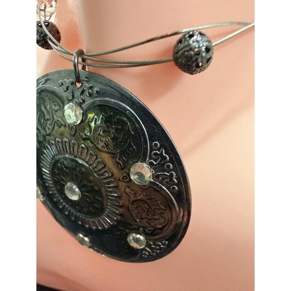 Gunmetal Oval Medallion Rhinestone Multi-Strand Statement Necklace Boho Black